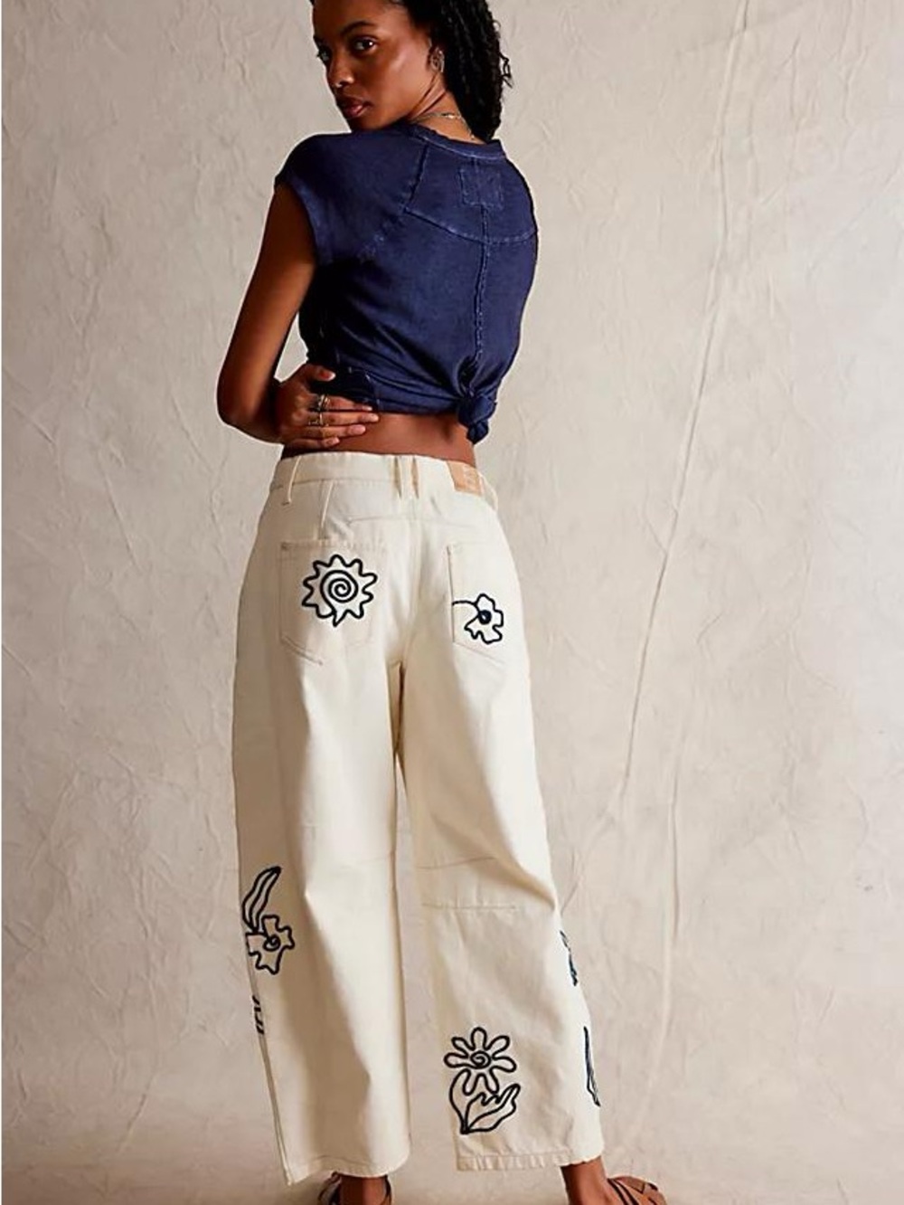 We The Free Cream Jeans with Black Floral Outline Embroidery - Picture 13 of 16